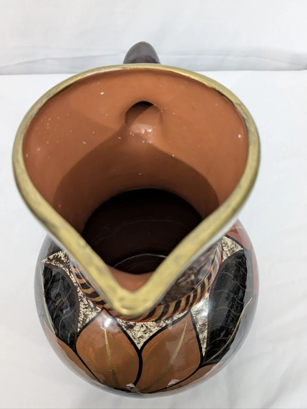 Vintage Postmodern Art Deco Floral Ceramic Pitcher Vase Black Gold